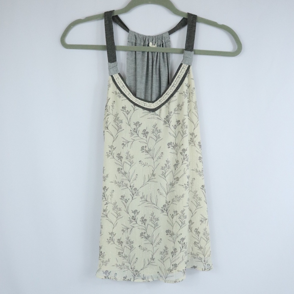 Maurices‎ Cream Gray Floral Racerback Tank Top Lace Trim Chiffon Front Sz Small
